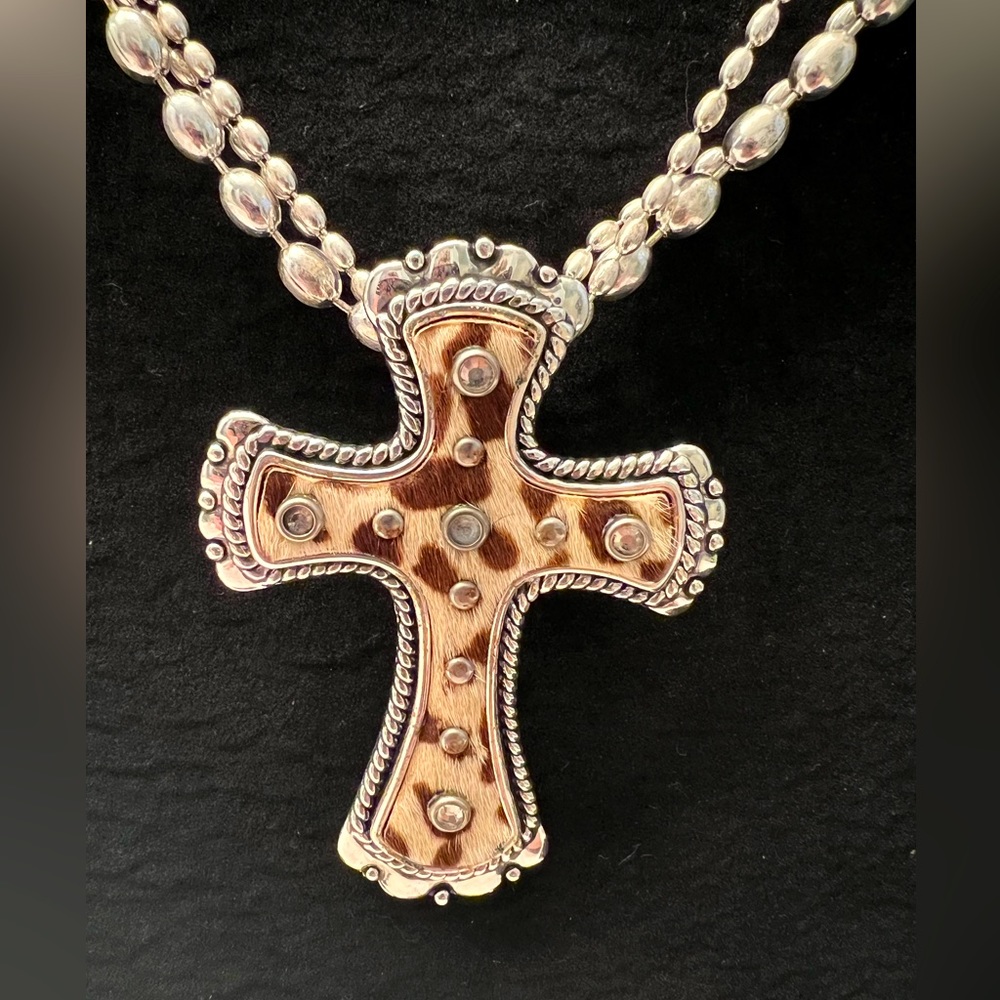 Montana Silversmith Cowhide Cheetah Print Cross Necklace
